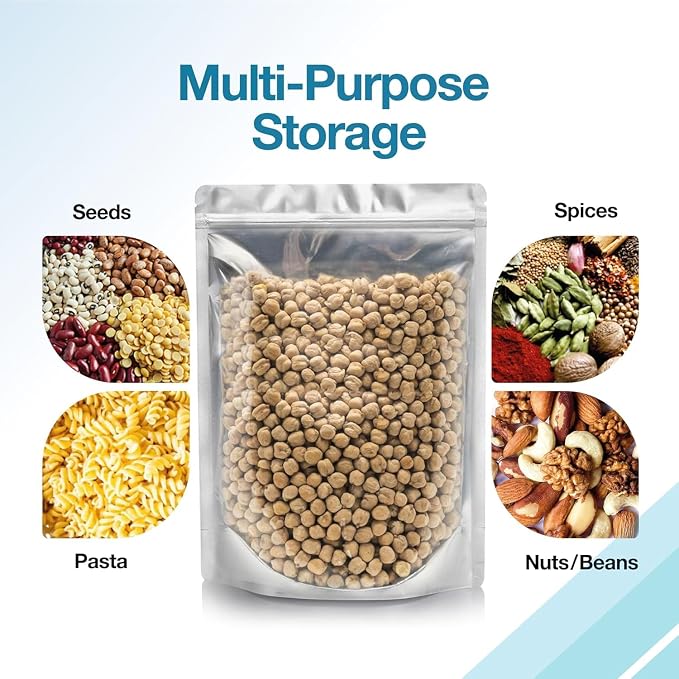 BELLE KR® 7x10 Quart Mylar Bags for Food Storage - Pack Of 200-7.5mil Thick - Gusseted Bottom - Clear Mylar Bags with See Through Window for Freeze Drying food - Labels Included