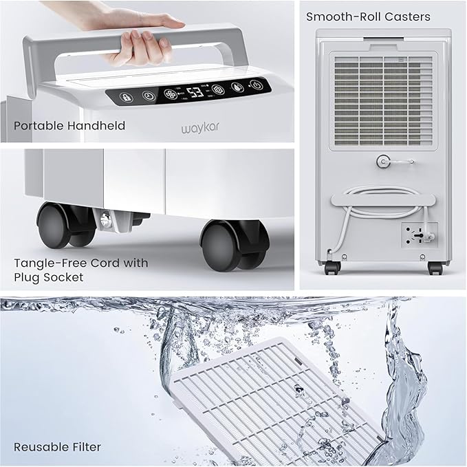 Waykar 2000 Sq. Ft 34 Pints 2025 Most Efficient Energy Star Dehumidifier for Home and Basement with Auto or Manual Drainage, Quiet 33dB Operation, 0.62 Gallon Water Tank Capacity