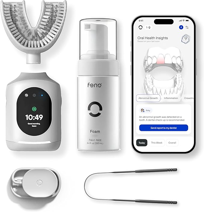 Feno Smartbrush Founders Edition Plus – AI-Powered Electric Toothbrush with Personalized Mouthpiece, 1 Tube Foam Toothpaste, Tongue Scraper & 12-Month Plus Subscription
