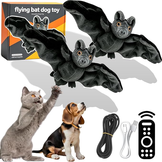 Flying Bat Dog Toy, Motion Activated Flapping Bat Cat Toy with Realistic Wings and Chirping Sounds, Rechargeable Remote Control Halloween Toy for Indoor Cats, Kittens and Small Dogs，2PCS