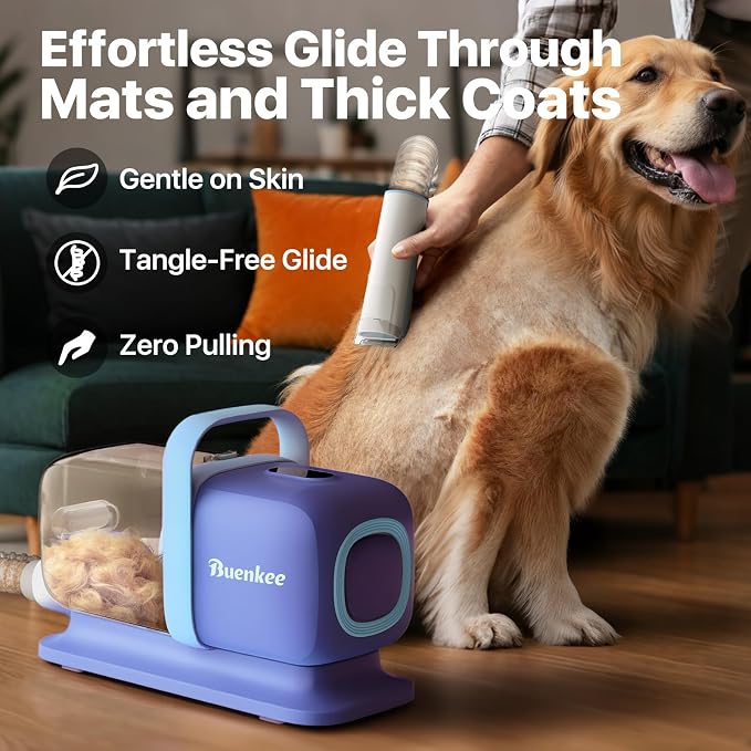 buenkee Dog Grooming Kit with Vacuum, 15000Pa Pet Hair Clipper and Shedding Brush, 50dB Low Noise, 2L Capacity, White