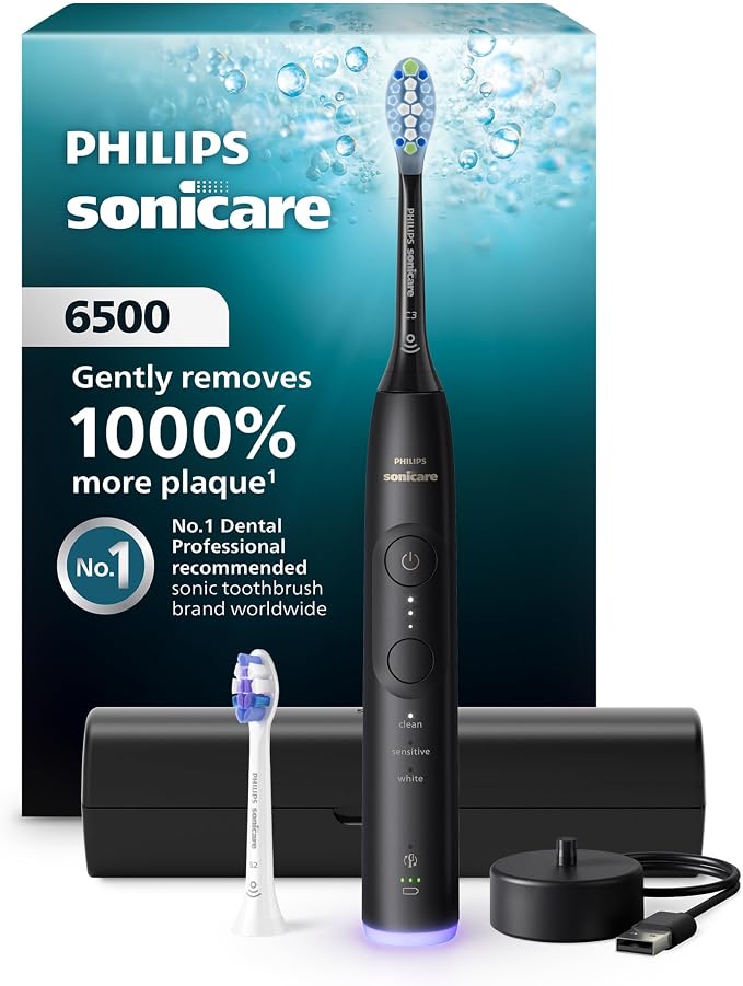 Philips Sonicare 6500 Rechargeable Electric Toothbrush, 2 Brush Head, Black | 1000% More Plaque Removal¹, Visual Pressure Sensor, 9 Brush Settings, App Connected, 21-Day Battery, Travel Case, HX7411/08