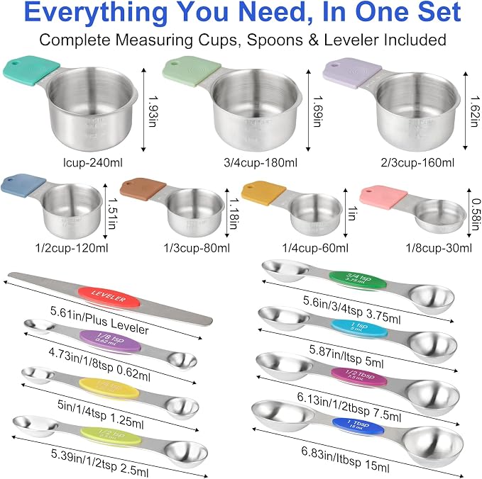 Magnetic Measuring Cups & Spoons Set, Strong N45 Magnets, Heavy Duty 304 Stainless Steel Fits in Spice Jars for Baking & Cooking, BPA Free, Round Set of 15 with Leveler, Light Colorful