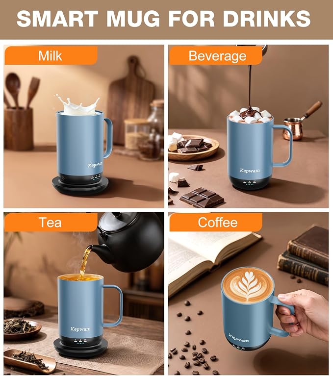Kepwam Self-Heating Coffee Mug T1-16oz, Fast Heating Rechargeable Heated Coffee Mug, Smart Mug with App & Button Control, Ideal Gift for Coffee Lovers & Hot Drink Enthusiasts