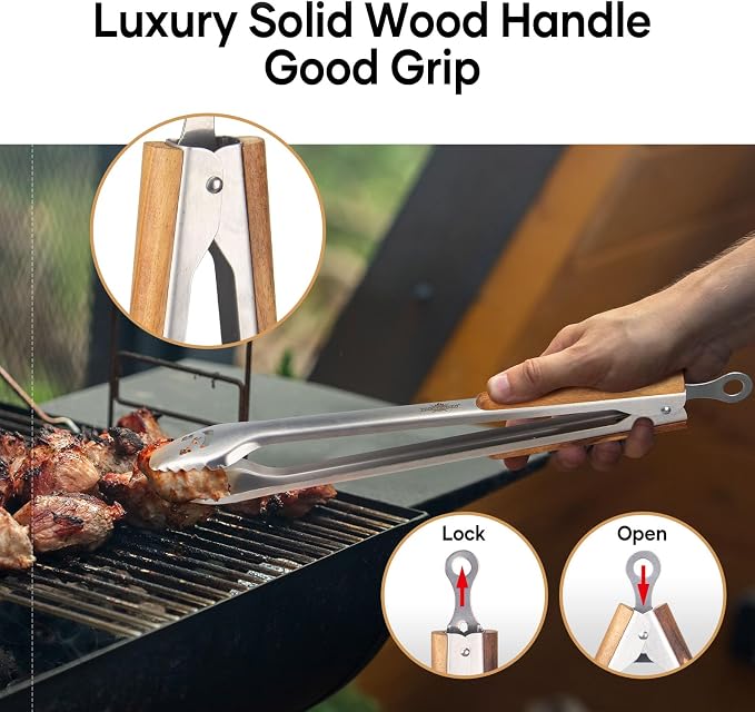 XUDAKAIXIN 21-Inch Extra Long Stainless Steel BBQ Tongs with Extended Luxurious Acacia Handle – Durable and Easy-to-Clean Grilling Tool for Cooking, Kitchen Use, and Outdoor Barbecues