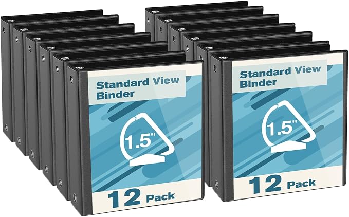 CIXILDTS 1.5-inch D Ring Binders, Fit US Letter Size Paper, 1-1/2" 3 Slant-D Ring Binder with 2 Pocekts, 12-Pack, Black