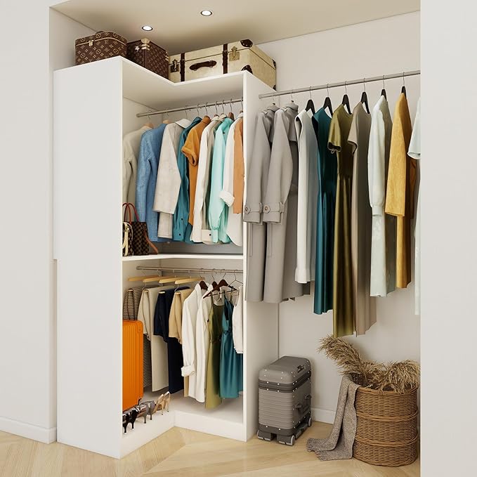 Vomavex Corner Closet System with 3 Hanging Rods, 30.8”-70.2” L Shaped Freestanding Closet Organizer for Walkin Closet, Corner Wardrobe, White