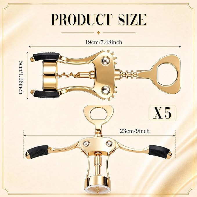Hushee 5 Pcs Wing Corkscrew Opener, Zinc Alloy Heavy Duty Multifunctional Wine Bottle Opener for Restaurant, Bar, Waiters, Ideal for Wedding Shower Party Favors Gifts (Silicone,Gold)
