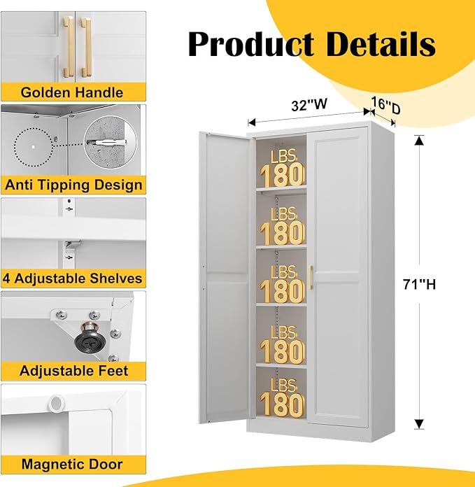 Steeloong 71"Metal Pantry Storage Cabinet with Doors & 4 Adjustable Shelves | Kitchen Pantry Cabinet,White Kitchen Cabinet with 2 Gold Handles,Tall Cabinet for Livingroom,Pantry, Bathroom,Kitchen
