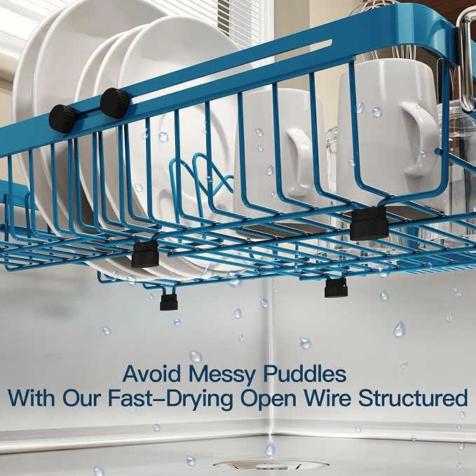 Blue Dish Drying Rack Over The Sink with Utensil Holder, Mat | Expandable Stainless Steel Dish Drainer for Small Kitchen, Apartment, RV, Counter Space Saving, Perfect Fit, Rustproof