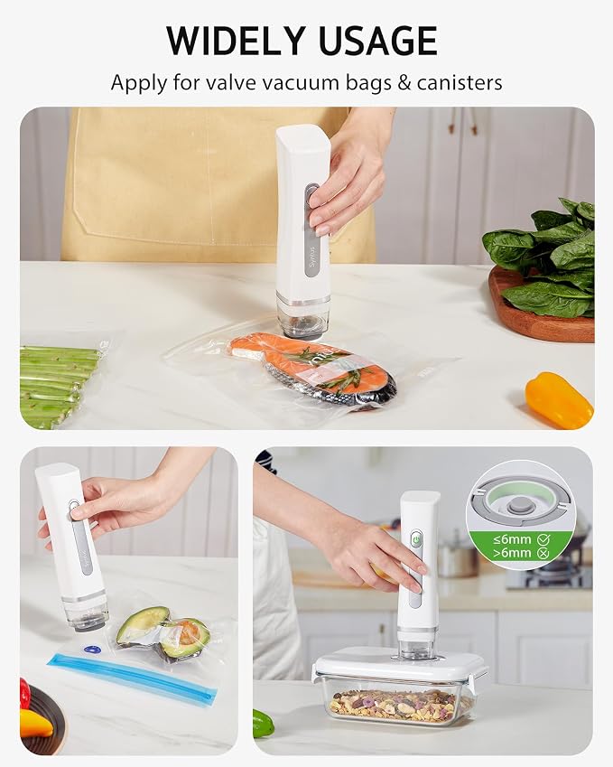 Syntus Compact Vacuum Sealer for Food with 30 Reusable Vacuum Seal Bags Set | 60kPa Suction Power, USB-C Charging Cable, Liquid-lock Tank, Upgraded Air Valve, Handheld Vacuum Pump
