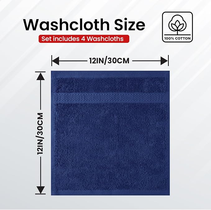 Infinitee Xclusives 100% Cotton Luxury Wash Cloths for Showering - 4 Pack | Washcloths [13x13] - Soft and Absorbent Face Towels for Bathroom Wash Clothes - Gym, Spa & Hotel Use