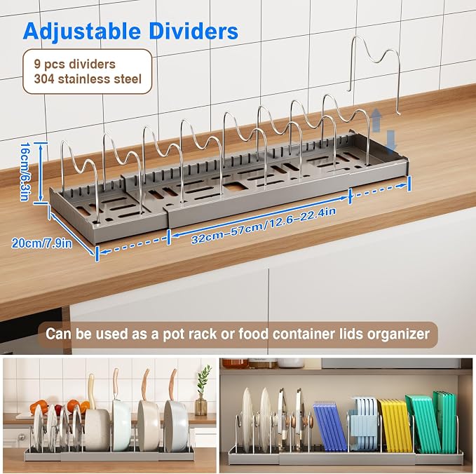 Mustorn Pots and Pans Organizer Under Cabinet, 22" Expandable Food Storage Container Lid Organizers with 9 Adjustable Dividers Pot and Pan Lid Holders Rack Inside Cabinet/Countertop(1 Pack, Gray)