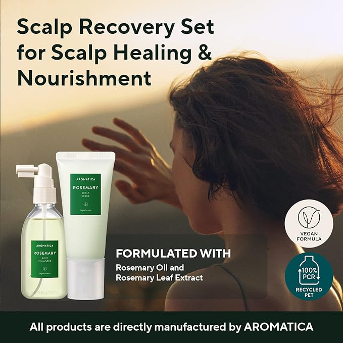 AROMATICA Rosemary Root Enhancer And Scalp Scrub Korean Hair Care Set - Rosemary Water Spray and Scalp Exfoliator for Dry Scalp Treatment, Rosemary Oil Scalp Care, Exfoliante de romero