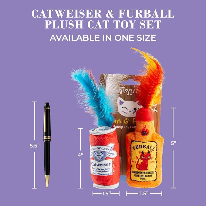Haute Diggity Kitty Catweiser + Furball Catnip Toys, Soft Plush Cat Toys Catnip Filled with Interactive Crackle Sound & Feathers, Safe & Durable Toy for Cats & Kitten, 2 Pcs
