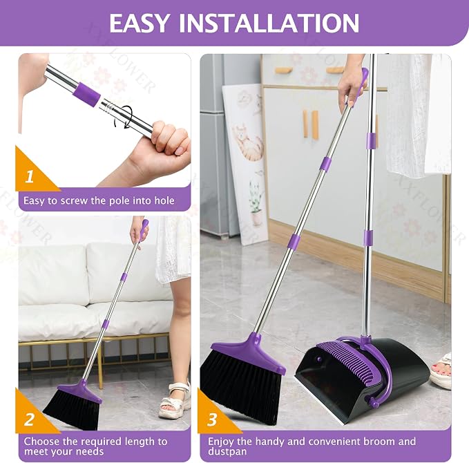 Broom and Dustpan Set with Long Handle, Light Weight Stainless Steel Poles Stand Upright Dustpans with Broom Combo for Home Kitchen Office Pet Dog Hair, 1-Pack (Purple)
