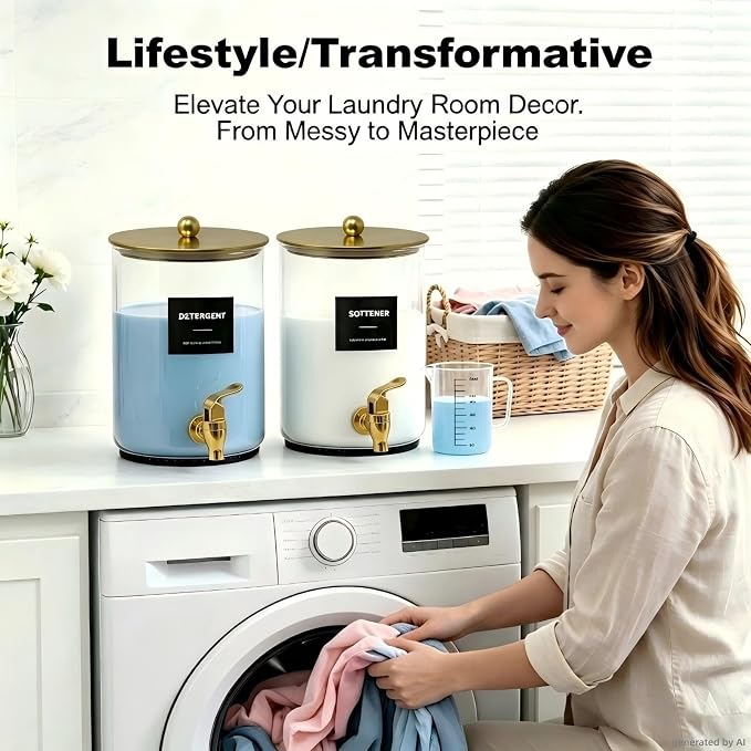 Glass Laundry Detergent Dispenser,1 Gallon Large Liquid Soap 1Pack(Gold) | Complete borosilicate jars set with leakproof spigots, protective silicone mats, minimalist labels, and dosing cups.