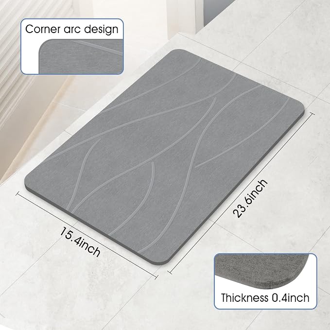Veeloim Stone Bath Mat Diatomaceous Earth Shower Mat Non-Slip Super Absorbent Diatomite Stone Bath Mats for Bathroom Floor Quick Drying Natural Easy to Clean(23.6''×15.4" Gray)
