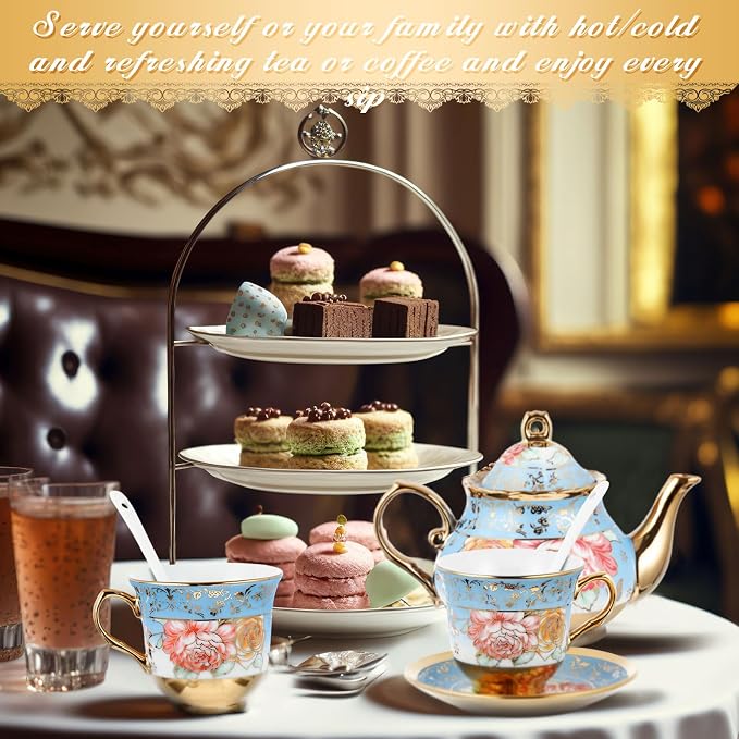 Zhehao 20 Pcs Porcelain Tea Set with Metal Holder and Spoon Adult Ceramic Tea Set European Flower Painting Teapot Cup Saucer Spoon for Women Mom Gift, Large Version (Simplicity Style)