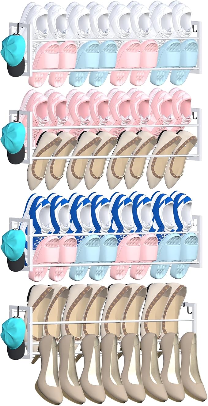4 Pack Wall Mounted Shoe Rack for Narrow Spaces, Hanging Shoe Rack Holds 32 Pairs, 17"-30"Adjustable Heavy Duty Wall Shoe Storage with 8 Storage Hooks, Space Saving for Closet Entryway Door, White