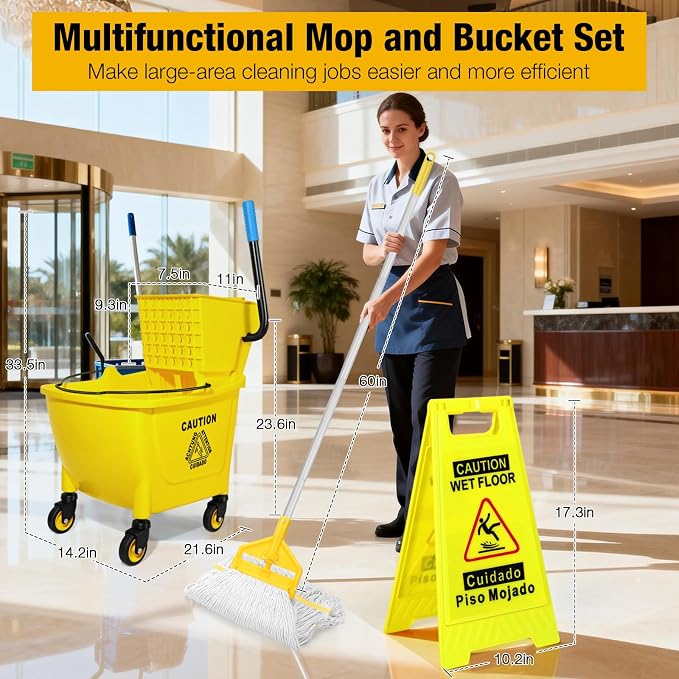 35Qt Commercial Mop Bucket with Side Press Wringer on Wheels Yellow | Including Wet Floor Caution Sign and Heavy-Duty Industrial Mop Set for Home/Business Floor Cleaning/Mopping