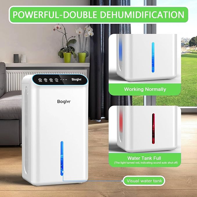 Dehumidifier for Home up to 1000 sq.ft, 98oz Small Quiet Dehumidifier with Drain Hose, 3 Timer Modes, Auto Shut Off, Aromatherapy & 7 Color Light for Bedroom, Bathroom, Basement (Deep White)