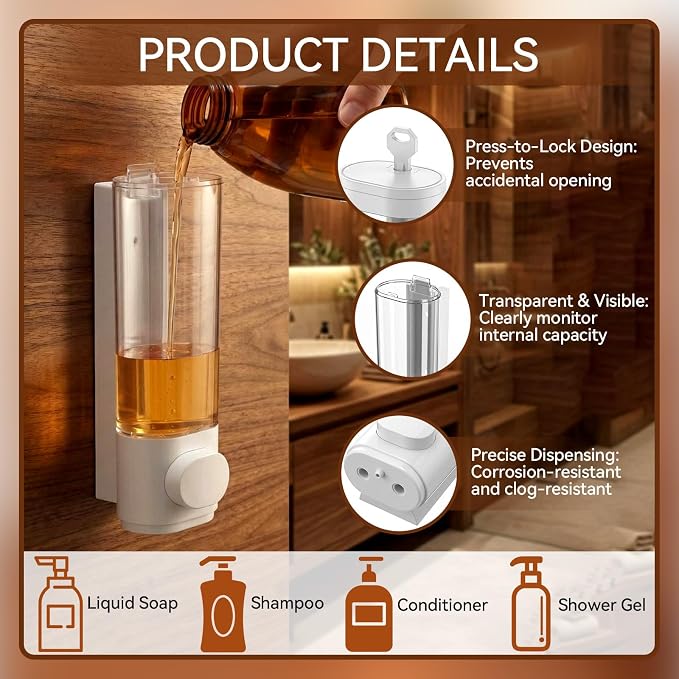 Junkin 4 Pcs Manual Bathroom Wall Mounted Soap Dispenser, 300ml White Kitchen Bathroom Commercial Shower Clear Refillable Soap Dispenser Clear Plastic Refillable Liquid Lotion Pump and Organizer