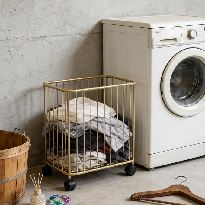 Gold Laundry Basket, Metal Laundry Hamper with Wheels, Rolling Storage Cart, Large Capacity Clothes Organizer, 77Lbs Load, Modern Hollow Design for Bedroom, Bathroom, 15.7x9.8x15.7In