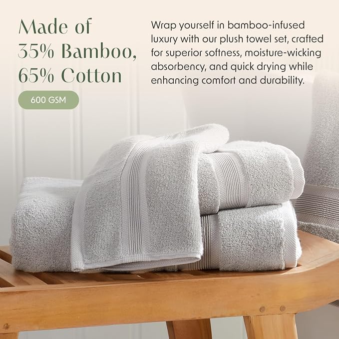 Luxury Bamboo Rayon Oversized Bath Towel Set | 2-Pack | Ultra Soft | Grey | 35% Bamboo Rayon - 65% Zero Twist Cotton | Absorbent Quick-Dry Towels for Bathroom | Ultra Soft | OEKO-TEX Standard 100