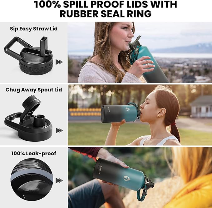 RAYMYLO Insulated Water Bottle 87 oz, Triple Wall Vacuum Stainless Steel (Cold for 48 Hrs), Leak Proof & Non-BPA, Modern Water Flask Jug with Paracord Handle & Straw Spout Lids, Indigo/Black