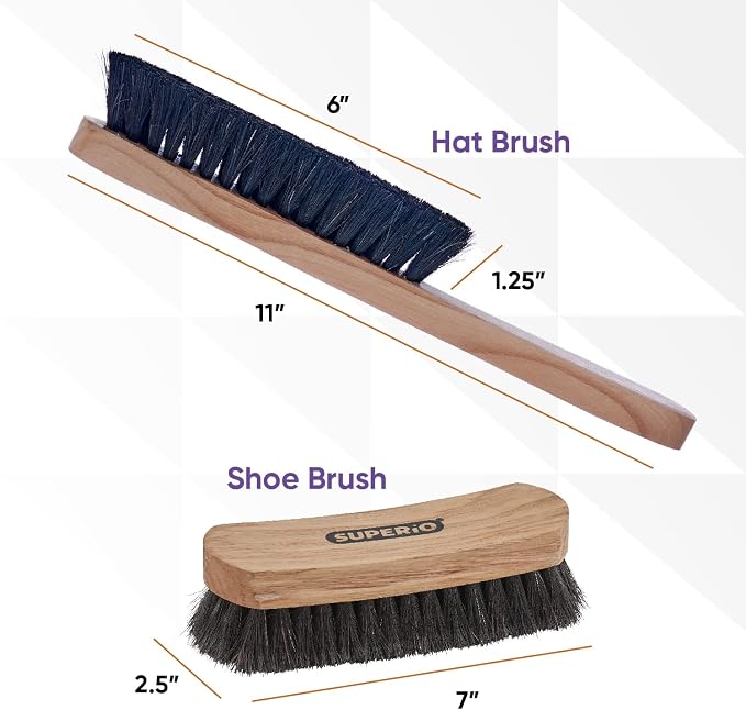 Superio Hat Brush and Shoe Brush Set, 100% Soft Horsehair Bristles, Wooden Handle with Comfort Grip, Dust and Lint Remover, Shoe Buff Brush, Boots & Other Leather Care (Set of 2)