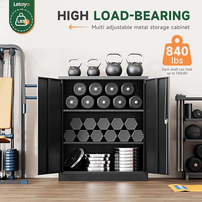 Metal Storage Cabinets with Lock Door,2 Adjustable Shelves Organizer Steel Storage Cabinets for Home,Office,Warehouse,Garage,Employee Lockers(Black)