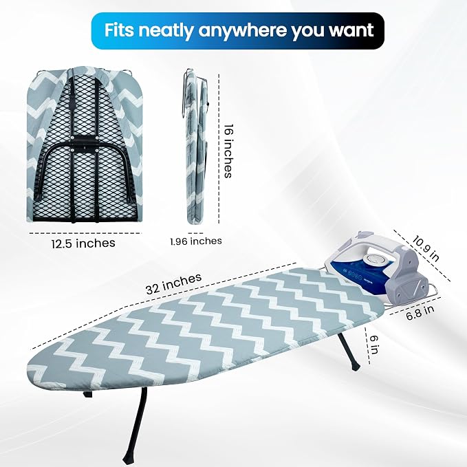 Metal Mesh Panel Tabletop Ironing Board | Foldable Iron Board | Heavy Duty Small Iron Board with Heat Resistant Cover and 100% Cotton 8mm Thicken Pad (Elegant Wave)