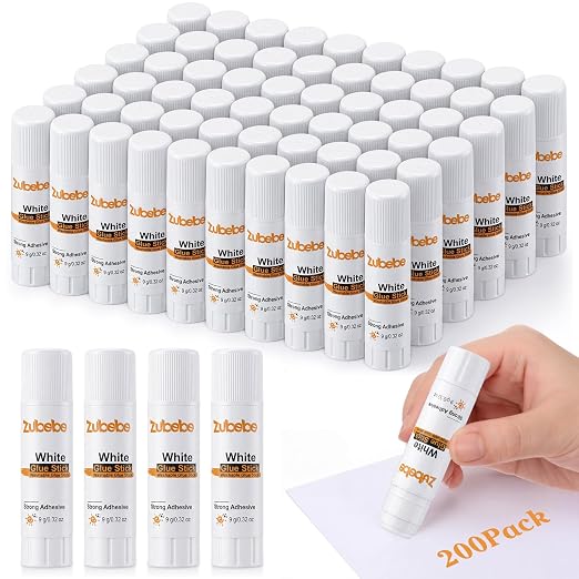 Zubebe 200 Count Glue Stick Bulk, 0.32 oz, 9g, Washable White Glue Stick for Crafts Home Back to School Classroom Students Teachers Employees Scrapbooking Crafting Supplies (Stylish)