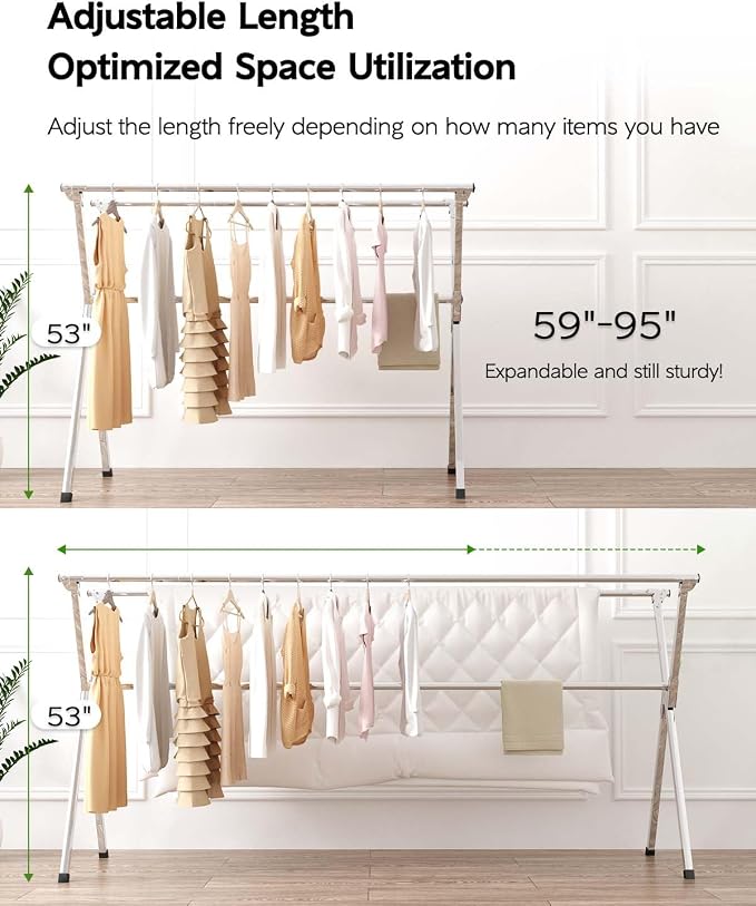 Vikaqi Clothes Drying Rack 95 Inches Folding Outdoor Indoor, Drying Rack Clothing Collapsible, Foldable Laundry Drying Rack, Heavy Duty Stainless Steel Clothesline, 20 Hooks 12 Clips