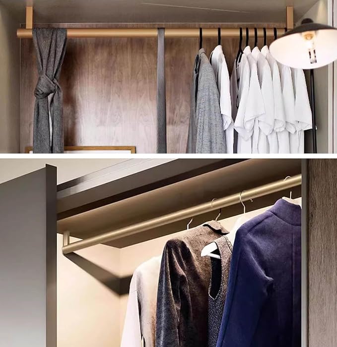 Closet Rod Brushed Gold Clothes Hanging Rack Rod Ceiling/Wall Mount, Small Space Silent Closet Hanger Bar Organizer, Heavy Duty Round Pole Garment Rail(125cm (49 in))