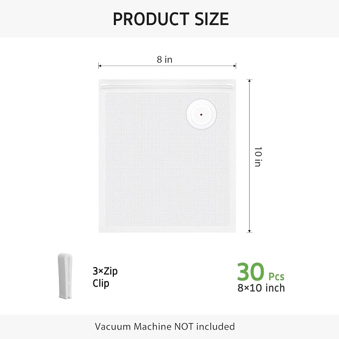 Syntus 30 Pcs Reusable Vacuum Sealer Bags for Food, 8"x10" Small Size | Upgraded Air Valve, Microwave Freezer Sous Vide, Food Storage, Leak-Proof, for Compact Vacuum Sealer