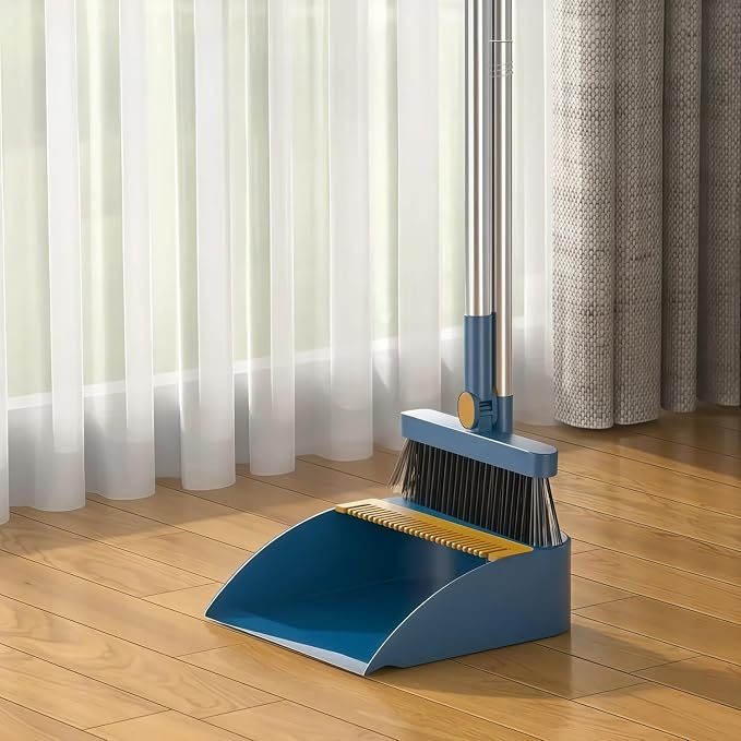 Broom and Dustpan Set, Long Handle Standing Broom with Self-Cleaning Comb Teeth, Heavy Duty Broom Dustpan Combo for Home Kitchen Office Floor Pet Hair Cleaning (Blue)