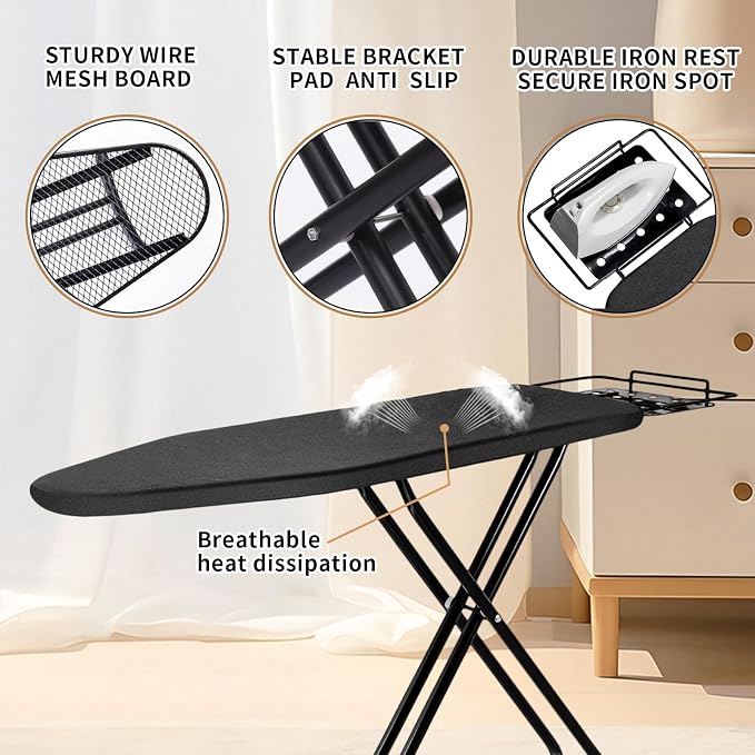 Ironing Board, 43x14 Inch Iron Board with Steam Rest, Heavy Duty Metal Frame Legs Ironing Table with Heat Resistant Cover Mat, Foldable Full Size Hanger Ironing Stand (Black, 52" L x 14" W x 34.6" H)