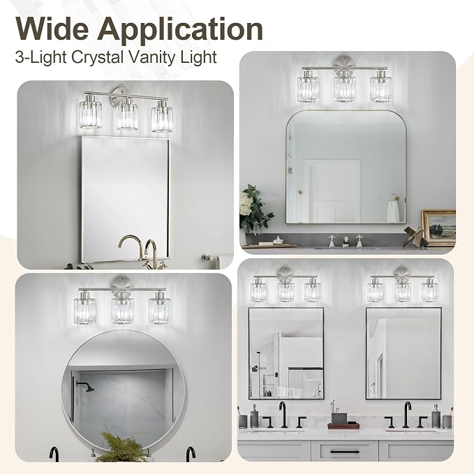 Crystal Bathroom Light Fixtures, Bathroom Lighting Fixtures Over Mirror, Modern 3-Light Brushed Nickel Vanity Lights for Mirror, Restroom, Kitchen(Ceramic E26 Socket,Bulbs Not Include)