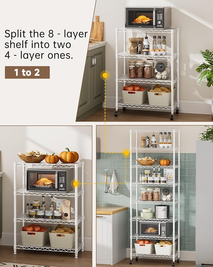 Golpart 8 Tier Shelves Storage Shelf Wire Closet Bathroom Organizers Metal Pantry Kitchen Garage Shelving Unit Laundry Room Organization Home Rack Net Basket Black with Wheels 12”D X 22”W X 74.2”H