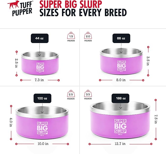 Tuff Pupper Heavy Duty Insulated Dog Bowl | Double Wall Stainless Steel Dog Food Dish | Non-Slip Spill Proof Dishwasher Safe Cat Bowl | Water Dish for Feeding Large Medium Small Pets (188oz, Pink)