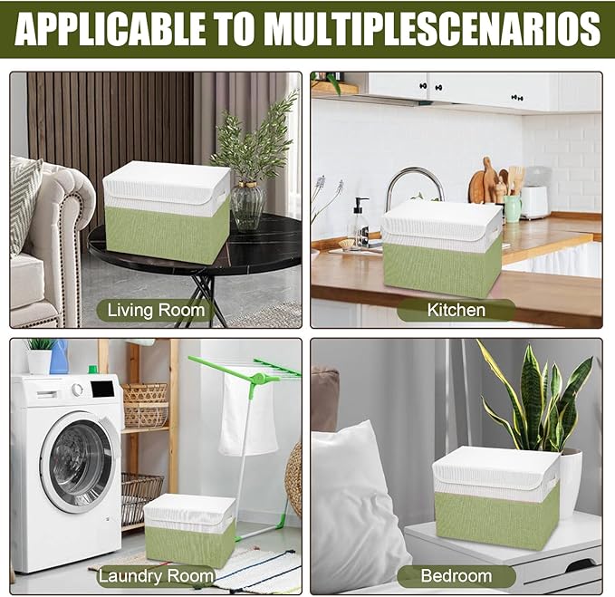 Bagnizer Large 22 Quart Linen Fabric Foldable Storage Bin Cube Organizer Basket with Flip-Top Lid & Handles, Clothes Blanket Box for Home, Office, Closet, Green & White, 4 Pack 14.6 x 9.5 x 9.5