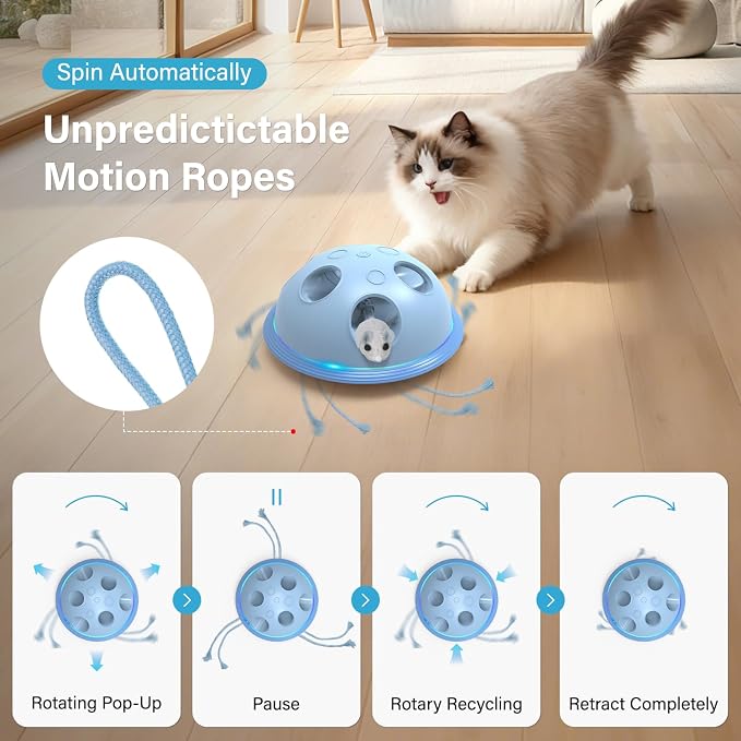 Pawingcat Automatic Cat String Toy 6 Holes Whack a Mole Cat Toy with Plush Running Cat Mouse Toy Hide and Seek Interactive Cat Toys for Indoor Cats（Blue）
