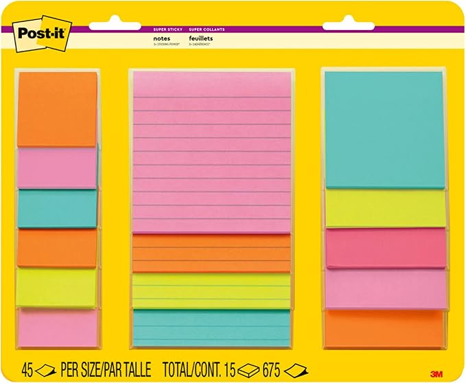 Post-it Super Sticky Notes, Assorted Sizes, 15 Pads, 2X The Sticking Power, Supernova Neons Collection, Neon Colors (Orange, Pink, Blue, Green), Recyclable (4423-15SSMIA), (Pack of 12)