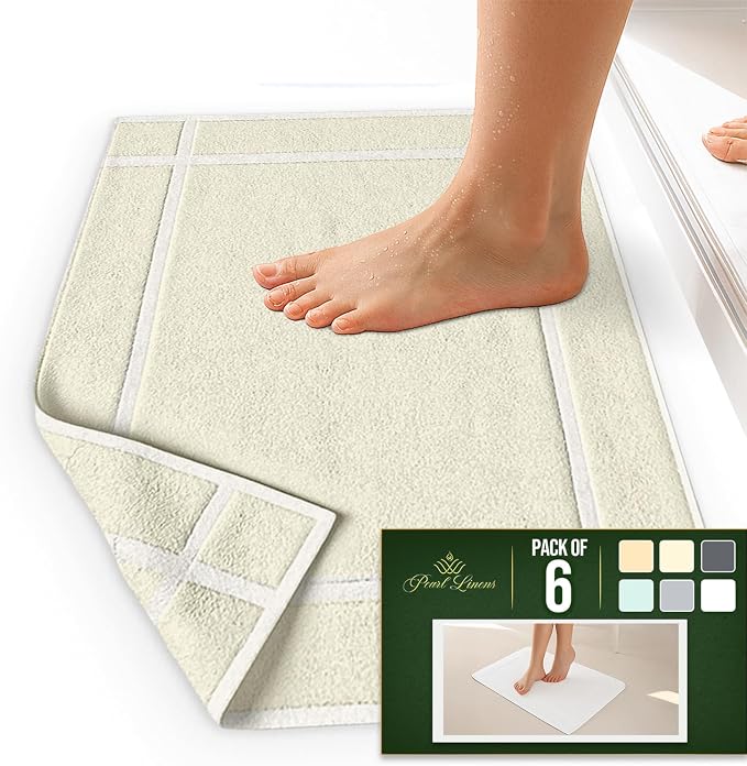 Pearl Linens Pack of 6 100% Cotton Bath Mat 18x25 inches, Soft & Absorbent Quick Dry Bathroom Mat Set, Not Bathroom Rugs, After Shower Mat, Bath Tub Mat, 781 GSM, Machine Washable, Ivory