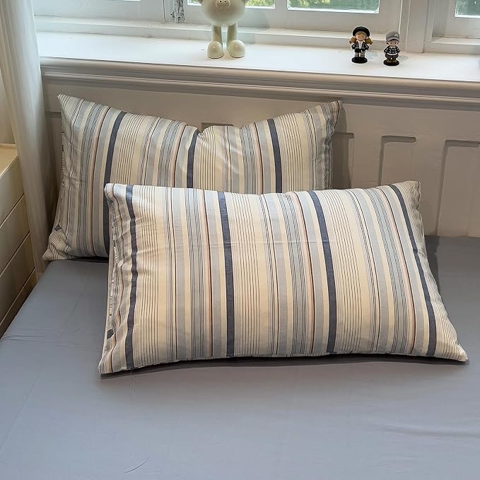 mixinni Vintage Blue and White Striped Duvet Cover Set Twin Size - 100% Washed Cotton 3 Piece Bedding Set with Geometric Pattern, Soft Breathable Comforter Cover with Zipper Closure & Corner Ties