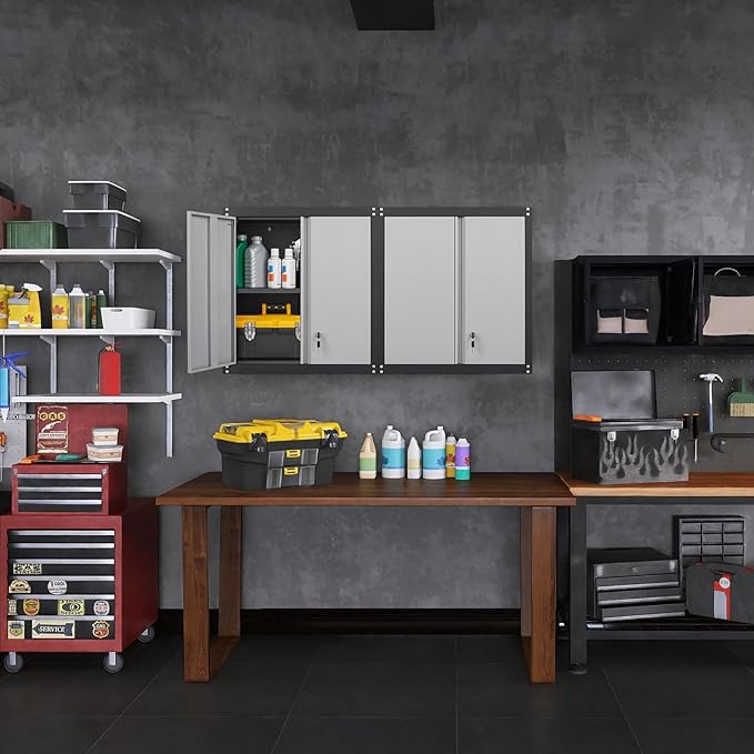 GREATMEET Lockable Storage Cabinet, Metal Garage Storage Cabinets, Metal Wall Cabinet for Garage, Wall Mount Cabinet with Lock and Adjustable Shelf, Floating, Black&Grey