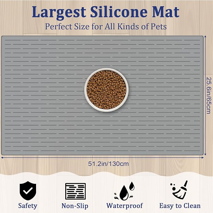 XXXXL Largest Pet Food Mat, 51.2"x25.6"(130cmx65cm) Silicone Dog Mats for Food and Water, Nonslip Pet Feeding Mats for Floors,Dog Cat Bowl Mat with Raised Edges, Beige
