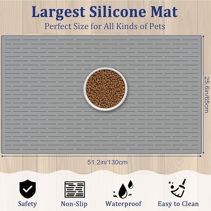 XXXXL Largest Pet Food Mat, 51.2"x25.6"(130cmx65cm) Silicone Dog Mats for Food and Water, Nonslip Pet Feeding Mats for Floors,Dog Cat Bowl Mat with Raised Edges, Light Gray